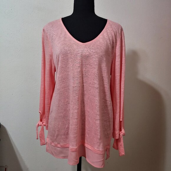 Sanctuary 100% Linen Blouse 3/4 Tie Sleeve Sheer Trim V Neck - Picture 1 of 7